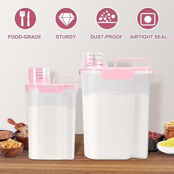 TBMax Rice Container 2 Pack, Airtight Cereal Container Oatmeal Storage with Easy-pouring Spout & Handy Cup for Flour Grain Beans, Pet Dog Cat Bird Food Storage Dispenser-Pink
