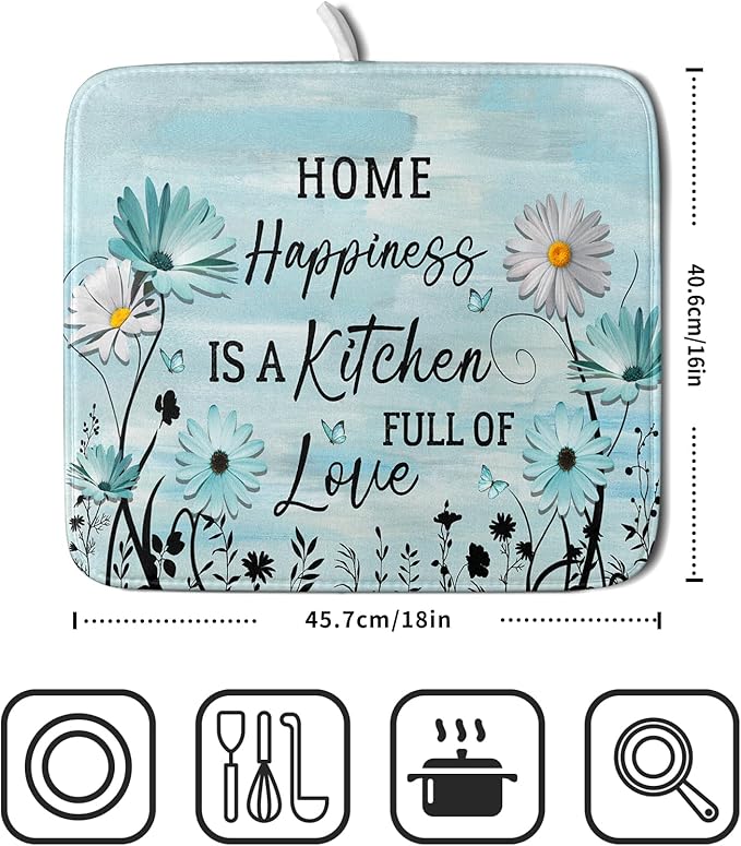Blue Daisy Dish Drying Mat 16x18 Inch Love Kitchen Absorbent Microfiber Washable Fast Drying Pad Dishes Rack Mat for Kitchen Counter