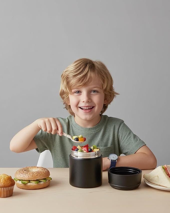 10oz Soup Thermo for Hot Food Kids Insulated Food Jar with Spoon Wide Mouth Stainless Steel Lunch Container Leak Proof Vacuum Food Box for School Travel Picnic Black
