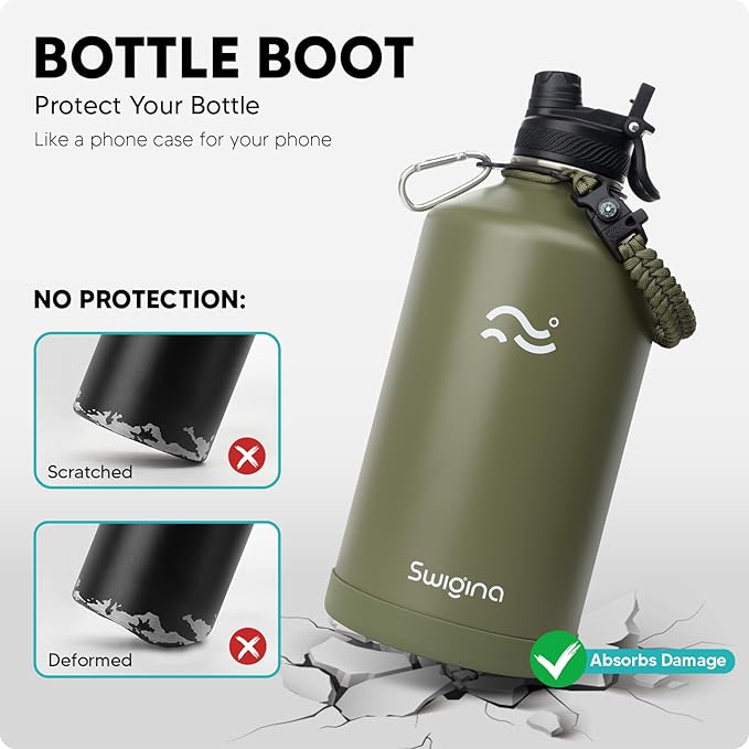 [2-IN-1 LID] Gallon Insulated Water Bottle with Silicone Boot (48hrs Cold/24hrs Hot) - DIY Stickers, Leakproof, BPA Free, 128 oz