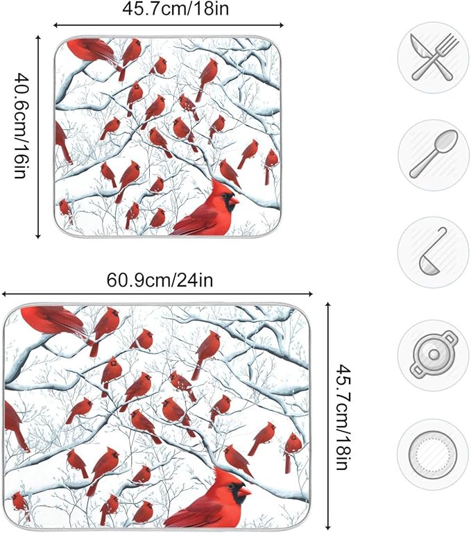 Red Birds on Branches Dish Drying Mat for Kitchen Counter Super Absorbent Dishes Pad Reversible Microfiber Protector Dish Draining Mats 16x18 inch