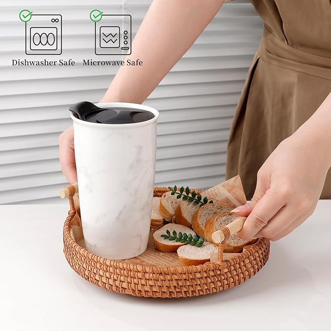 ANTIS'S HOME Ceramic Coffee Mug with Lid, Marble Double Wall Coffee Travel Mug Ceramic Tumbler 12 oz, Reusable Tall Cup, Splash Resistant Lid, Dishwasher Microwaveable Safe