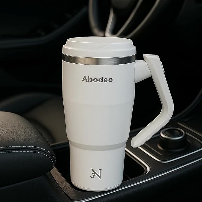 32 oz Travel Coffee Tumbler with Rotating Handle, Straw & Leakproof Lid – Insulated Stainless Steel Mug Reusable Water Flask for Hot & Cold Drinks – Fits Car Cup Holders (White)