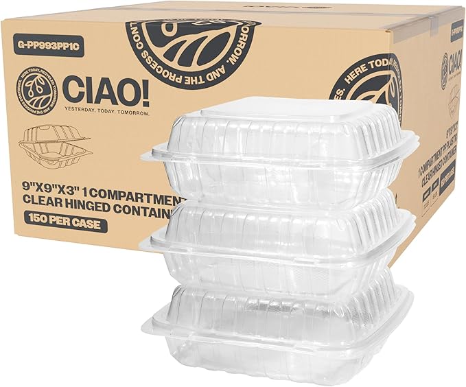 CIAO! 9"x9"x3" 1 Compartment PP Plastic Clear Hinged Container for Take Out (Case of 150)