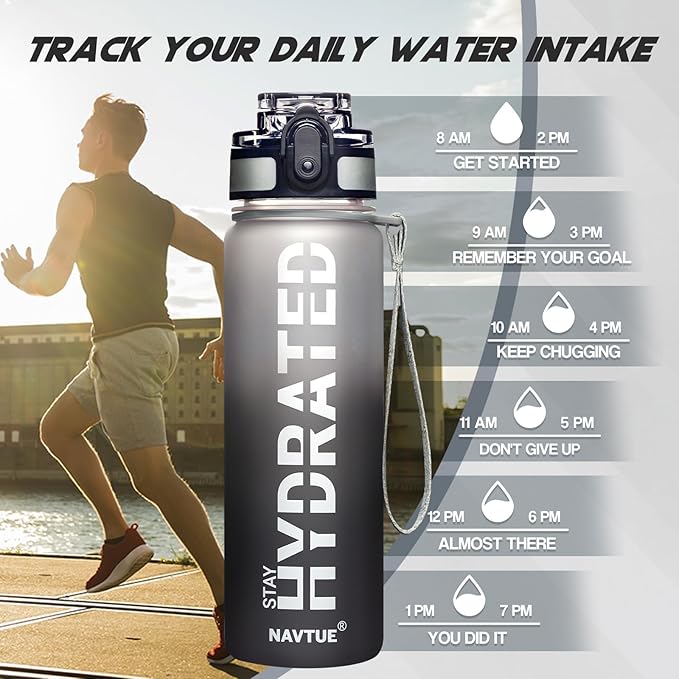 Water Bottle, 32oz Sports Water Bottles with Time Marker Wide Mouth, Motivational and Leakproof Drink Bottle, BPA Free Tritan with Carry Strap for Gym Fitness Outdoor (Direct Drink 1 Bottle)