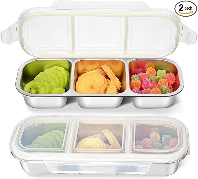 Stainless Steel Snack Containers with Lid, Leakproof 3 Compartment Bento Box, 2Pack Reusable Snackle Box for Travel Home Picnic Work