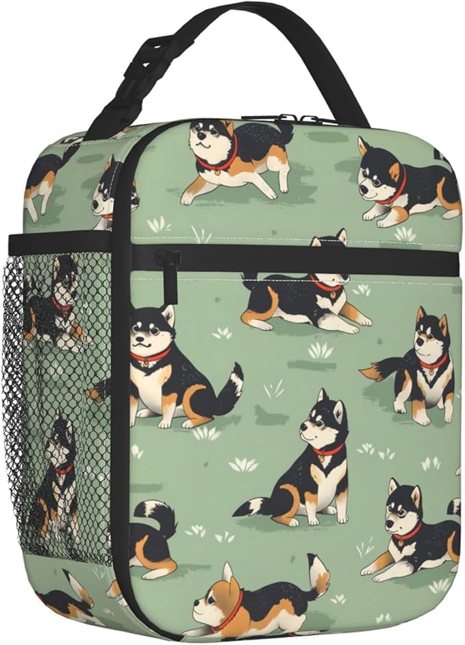 Reusable Shiba Inu Lunch Box for Kids Girls Boys Women Adult, Insulated Playful Dog Lunch Bag,Polyester Cooler Handbags Case for School Picnic Work Travel Beach or Hiking (Green)