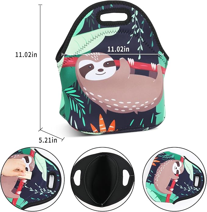 Violet Mist Womens Reusable Neoprene Lunch Bag Insulated Lunch Box Cute Sloth Animal Thermal lunch bags Bags Waterproof lunchbags Food Handbag Meal Prep Lunchbags Travel Work Gift for Women Men Adult