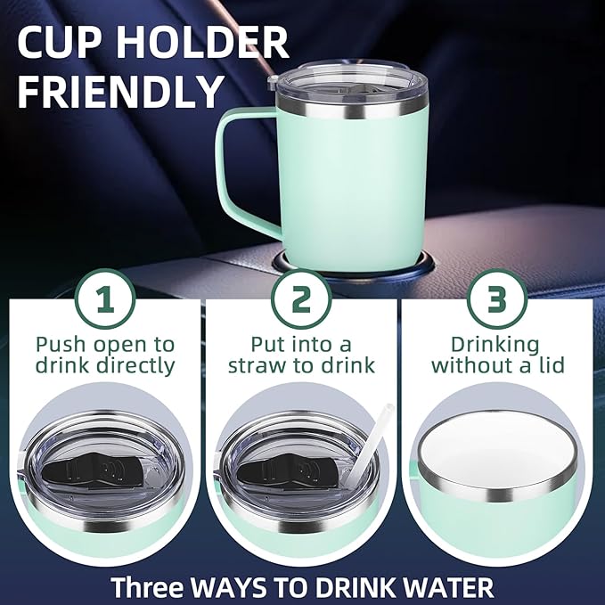 20 oz Insulated Coffee Mug with Ceramic Coating, Stainless Steel Travel Mug Tumbler with Handle Lid and Straw, Double Wall Leak-Proof Coffee Travel Mug Keeps Drink Hot and Cold (Green)