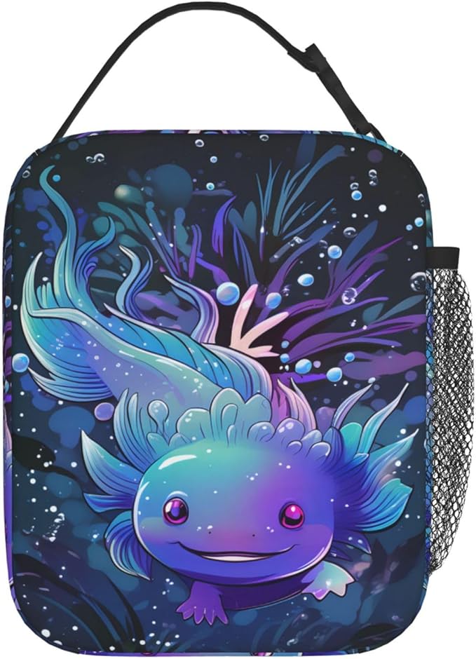 Axolotl Lunch Box for Kids,Cute Animal Insulated Bag for Student,Dark Blue Reusable Thermal Insulation Cooler Tote Bags for School Work Picnic Camping Outdoor Gifts