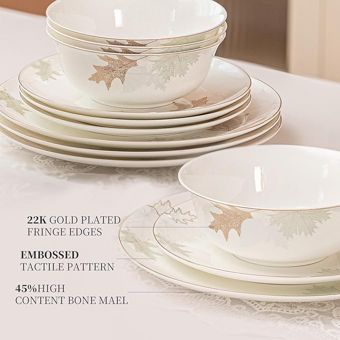 Artistic Bone China Dinnerware Set with Gold Trim, Handcrafted Jingdezhen Design, Glazed Inner Patterns, Service for 4 – Maple Leaf Collection