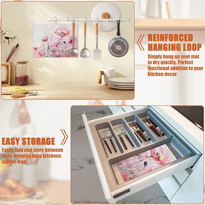 Pink Poppy Flower Dish Drying Mat for Kitchen Counter Microfiber Absorbent Dish Kitchen Drying Mat Draining Reusable Washable for Dishes/Utensils/Counterto