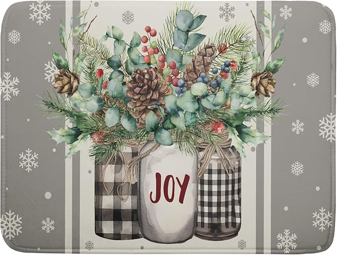 Christmas Dish Drying Mat for Kitchen Counter 18x24 Inch,Large Winter Poinsettia Berry Pinecone Grey Dish Drainer Rack Mats Heat Resistant Foldable Absorbent Draining Pad