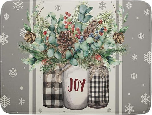 Christmas Dish Drying Mat for Kitchen Counter 18x24 Inch,Large Winter Poinsettia Berry Pinecone Grey Dish Drainer Rack Mats Heat Resistant Foldable Absorbent Draining Pad