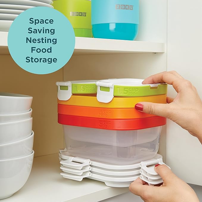 ZOKU Food Storage Containers with Lids, Set of 2 Reusable Airtight 1.5-Cup Snack Containers, BPA Free (Neat Stack) (4 Piece)