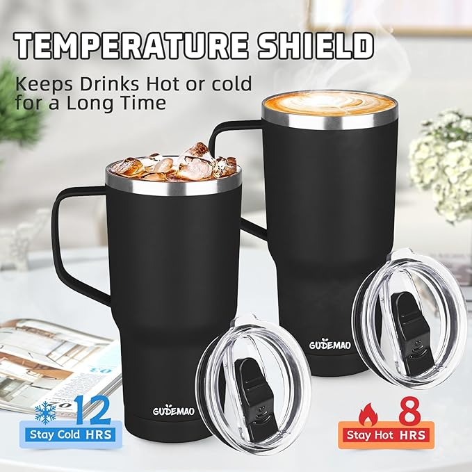 20 oz Insulated Coffee Mug with Ceramic Coating, Stainless Steel Travel Mug Tumbler with Handle Lid and Straw, Double Wall Leak-Proof Coffee Travel Mug Keeps Drink Hot and Cold (Black)