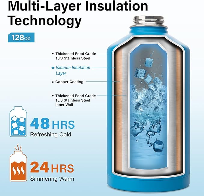 1 Gallon Water Bottle Insulated | Thickened Stainless Steel Vacuum Metal Water Jug | Portable Sports Large for Gym and Hiking with Straw, Carrier Bag, Handle Strap | BPA-Free 128 oz