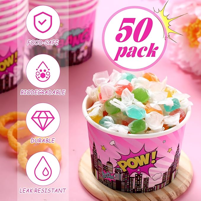 50 Pack Pink Hero Treat Snack Cups Girl Pink Comic Hero Ice Cream Cups 9 oz Super Theme Disposable Dessert Bowls Paper Soup Bowls for Hot or Cold Food for Birthday Baby Shower Party Supplies