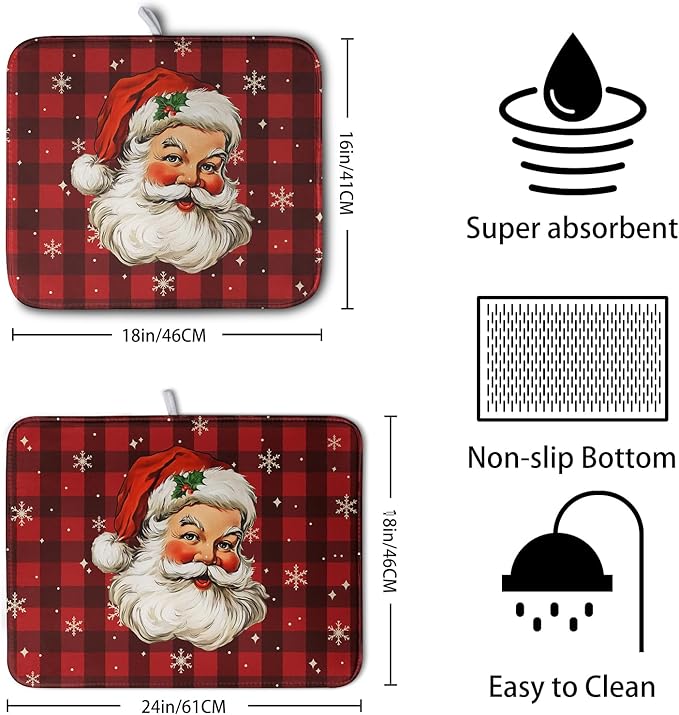 Santa Claus Christmas Dish Drying Mat Xmas Red and Black Buffalo Plaid Snowflake Drying Mats Winter Holiday Dishes Drying Pad Microfiber Absorbent Dish Drainer Rack Mat 18x24 Inch