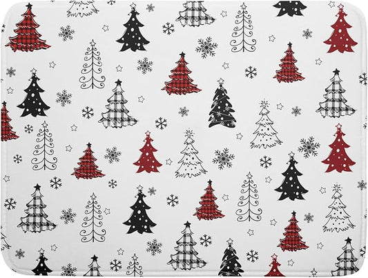 Xmas Dish Drying Mat for Kitchen Counter Black White Trees Festival Microfiber Absorbent Dish Draining Reusable Washable Foldable Extra Large 18"x24"