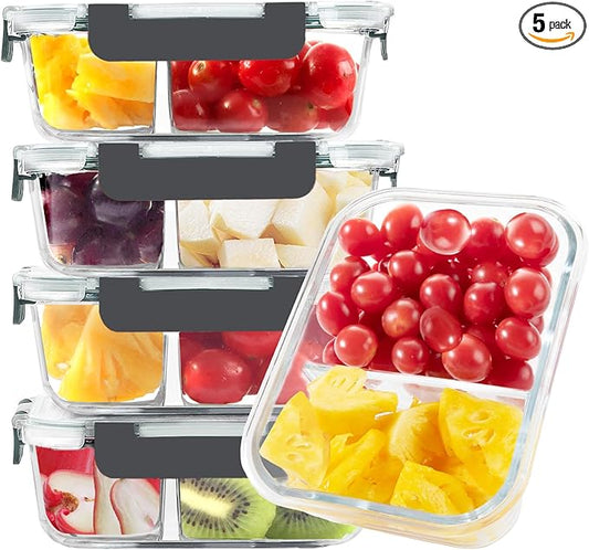 BAYZZ 5 Pack 35 Oz Glass Meal Prep Containers 2 Compartments, Glass Storage Containers with Lids, Airtight Lunch Bento Boxes, BPA-Free, Microwave and Freezer Safe