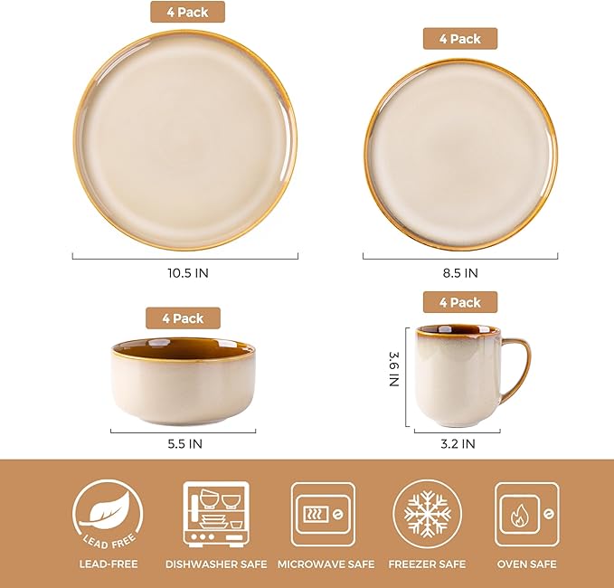 LERATIO Ceramic Dinnerware Sets for 4,16-PieceReactive Glaze Plates and Bowls Set with Mugs,Highly Chip and Crack Resistant | Dishwasher,Microwave & Oven Safe Dishes set-Kahki