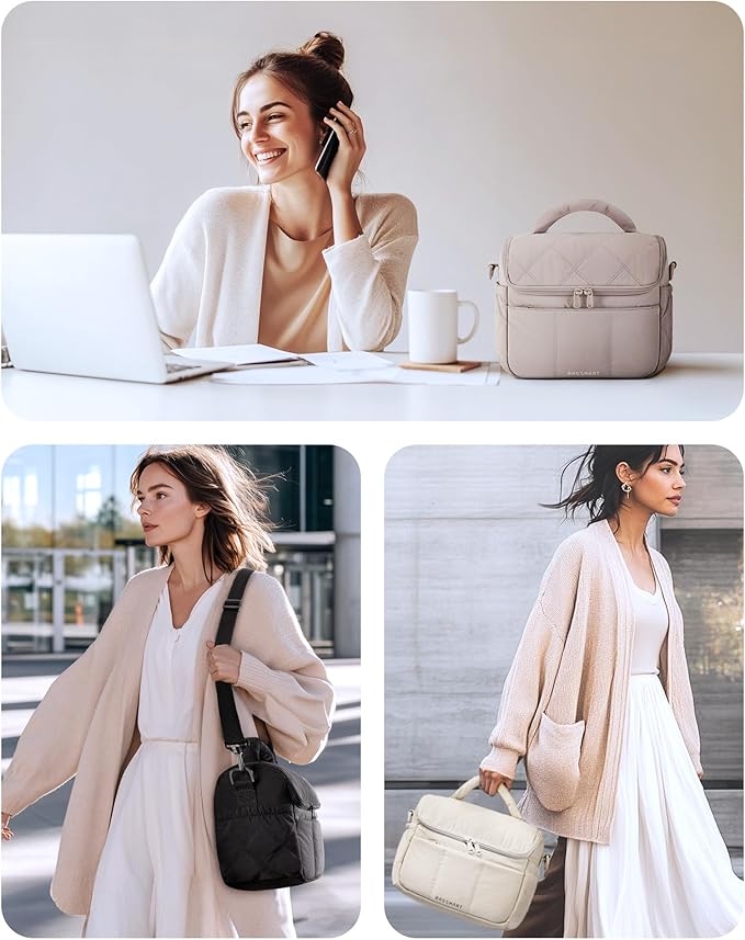 BAGSMART Insulated Lunch Bags for Women, Cute Quilted Lunch Box, Lightweight Puffy Padded Waterproof Lunch Tote, Reusable Lunch Cooler for Work Picnic Travel, Beige