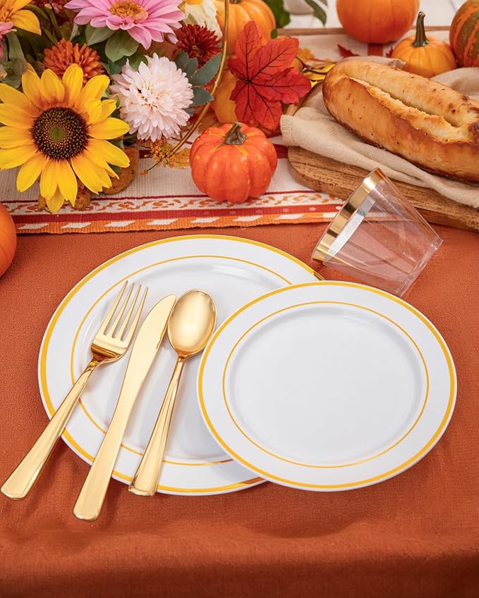 bUCLA 600Pcs White and Gold Plastic Plates - Gold Disposable Dinnerware Set for 100 Guests Include 100 Dinner & 100 Dessert Plates, 100 Cups, 100 Forks, 100 Spoons, 100 Knives for Thanksgiving