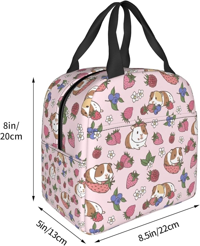 Strawberry Lunch Bag Guinea Pig Insulated Kawaii Lunch Box for Kids Women Men Reusable Pink Lunch Tote for School Office Work Picnic Hiking