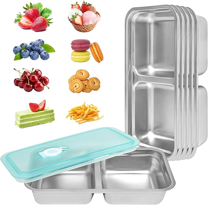 6 PCS Stainless Steel Snack Containers, Double Compartment Bento Box (30oz) with Leakproof Lids, Food Lunch Storage Box Dishwasher Safe & Reusable for Lunch Prep, Travel, Outdoor Camping