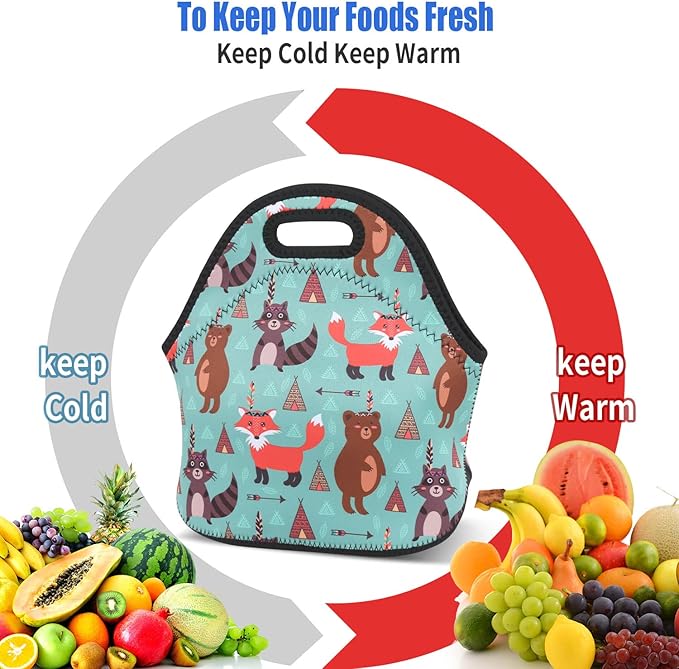 Violet Mist Womens Reusable Neoprene Lunch Bag Cute Insulated Lunch Box Fox Bear Animal Thermal lunch bags Waterproof Food Handbags Meal Prep Lunchbags Travel Work Gift for Women Men Adult