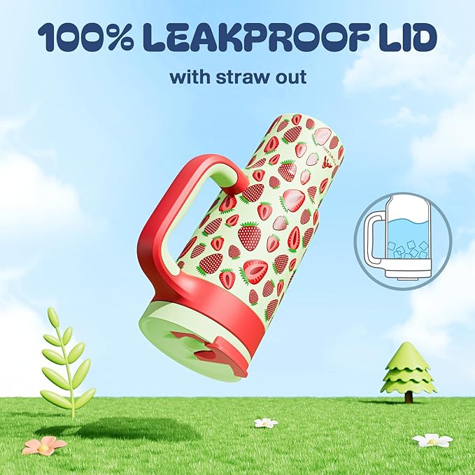 24 oz Metal Tumbler Cup for Girls: Easy Grip Handle, Leak-Proof when Sealed, Easy to Clean, Double Wall Vacuum Cup for Home, School, Daycare, Party, Picnic, Hiking, Travel, Gift (Strawberry Pop)