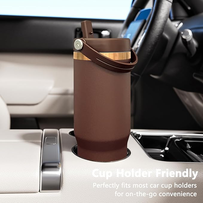 30 oz Tumbler Bulk with Handle and Straw, Vacuum Insulated Tumblers with Flip Straw and Top Handle, Leakproof Powder Coated Tumbler, Stainless Steel Travel Mug for Coffee Water (Browm, 8 Pack)