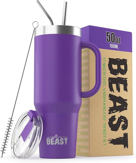 Beast 50 oz Tumbler Stainless Steel Vacuum Insulated Coffee Ice Cup Double Wall Travel Flask (Deep Purple)
