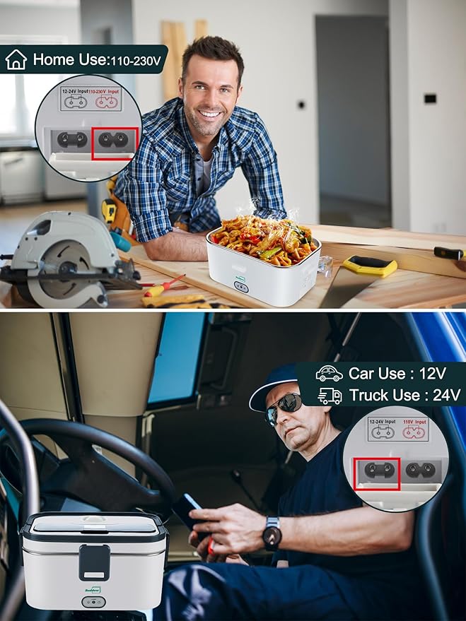 Buddew Electric Lunch Box for Adults, 80W Heated Lunch Box 1.8L Stainless Steel Portable Food Warmer,12/24/110V Lonchera Electrica Portatil for Travel & Work, Loncheras para Hombres de Trabajo(Gray)