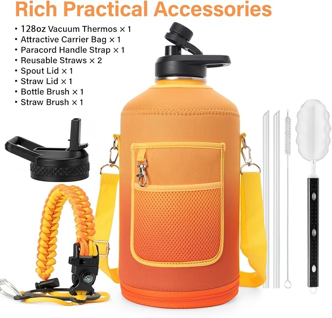 1 Gallon Water Bottle Insulated | Thickened Stainless Steel Vacuum Metal Water Jug | Portable Sports Large for Gym and Hiking with Straw, Carrier Bag, Handle Strap | BPA-Free 128 oz