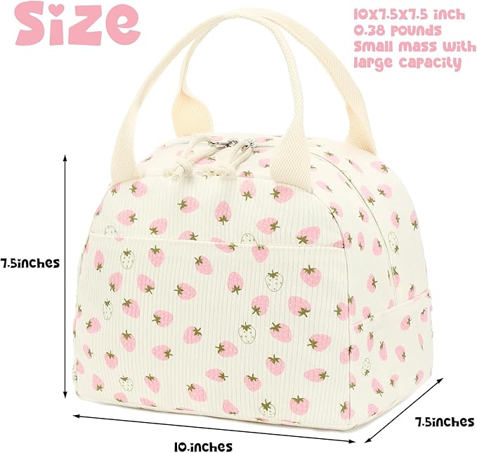 Bluboon Lunch Bag for Women Men Cute Corduroy Lunch Tote Bags Reusable Insulated Lunch Box Large Capacity Reusable Insulated Cooler for Work Picnic or Travel (Beige strawberry)