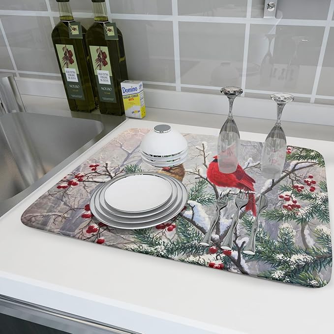 Red Bird Dish Drying Mat Merry Christmas Dishes Pad Absorbent Fast Dry Dish Drainer Mat Protector for Kitchen Counter 18 x 24 Inches