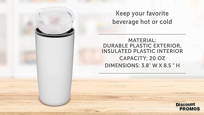 DISCOUNT PROMOS Plastic Tumblers 20 oz. Set of 6, Bulk Pack - With lids, Ice Coffee Tumbler, To Go Cup, Insulated - White