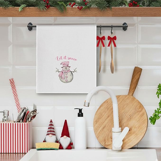 Pink Chinoiserie Christmas Snowman Kitchen Towels, Preppy Winter Dish Towels Drying Cloth for Kitchen, Let It Snow Xmas Holiday Snowman Decorative Hand Towel for Bathroom, 16x24 Inch