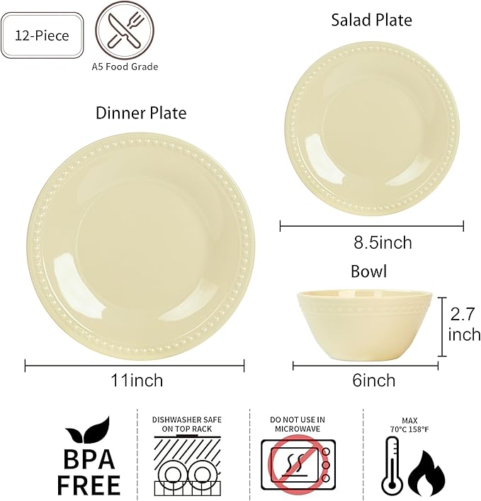Cream Melamine Dinnerware Sets of 12 Pcs, BPA Free Dishes Set, Plates and Bowls Sets for Indoor Outdoor Dining on the Beach, RV, Camping Use, Lightweight Unbreakable Dishwasher Safe