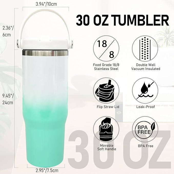 30 oz Tumbler with Handle and Straw, Vacuum Insulated Tumblers with Flip Straw and Top Handle, Leakproof Tumbler, Stainless Steel Travel Mug for Coffee Water, Cold for 20 Hours(Green White Gradient)