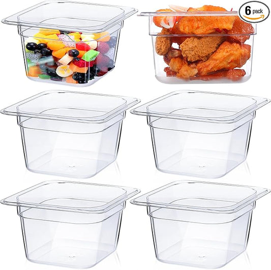 Yinder 6 Pcs Plastic Clear Food Pans 1/6 Size Stackable Polycarbonate Food Containers with Capacity Indicator Restaurant Commercial Hotel Pan for Fruits Vegetables Beans Corns (4'' Deep)