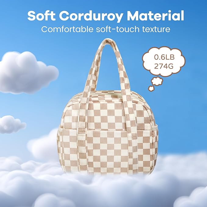 Yarnic Lunch Bag Women Men Insulated, Large Corduroy Lunch Box for Work with Bottle Pockets, Stylish Reusable Cooler Tote for Adults Teachers Picnic Hiking (Checkered Brown)