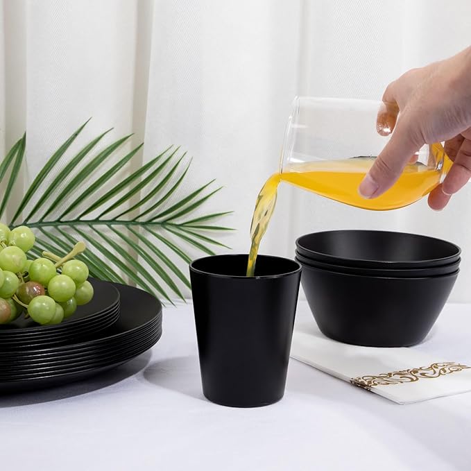 Supernal 32pcs Black Wheat Straw Dinnerware Sets with 25pcs Linen Napkins,Plates and Bowls Sets for 8,Black Plastic Dinnerware Sets, Microwave Dishwasher Safe Plates, Dishes Set for 8