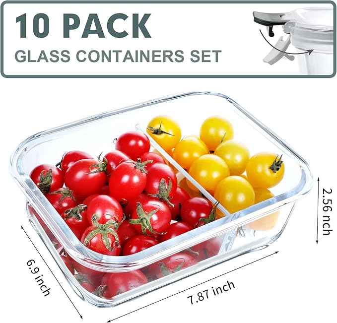 VERONES 10 Pack Glass Meal Prep Containers 2 Compartment Set, 30 OZ Airtight Glass Lunch Containers, Glass Food Storage Containers with Lids, for Microwave, Oven, Freezer & Dishwasher Friendly，Grey