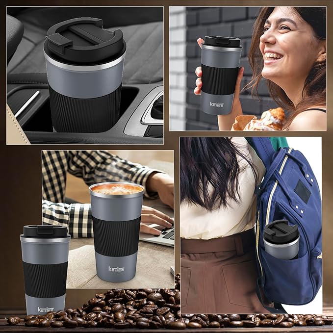 KETIEE Travel Coffee Mug Spill Proof 12oz, Insulated Reusable Coffee Cups with Seal Lid, Vacuum Stainless Steel Travel Mug to Go Car Tumbler for Hot/Ice Drinks (Grey)