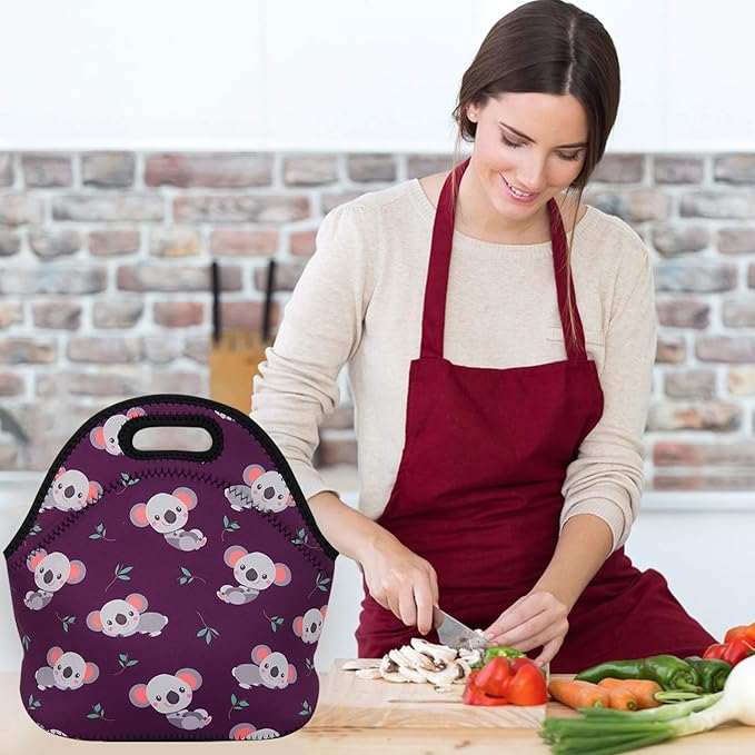 Violet Mist Womens Cute Reusable Neoprene Lunch Bag Insulated Lunch Box Koala Animal Cartoon Thermal lunch bags Bag Waterproof Food Handbags Koala Meal Prep Travel Work Gifts for Women Men Lady Adult