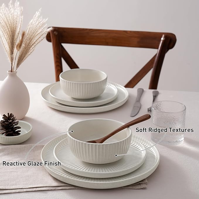 Famiware Starlight Dinnerware Sets, Plates and Bowls Dish Set of 4 (12 Pieces), Ribbed Textured Tableware - Dishwasher & Microwave Safe, Chip Resistant, Reactive Glaze, Matte Reactive White