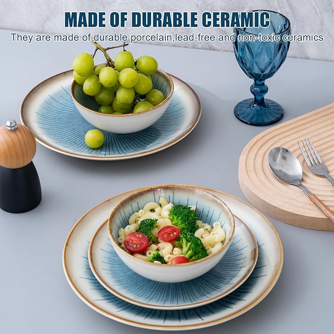 Blue Stoneware Dinnerware Set, 12 Pieces, Blue Stripe Marble, Dishwasher & Microwave Safe